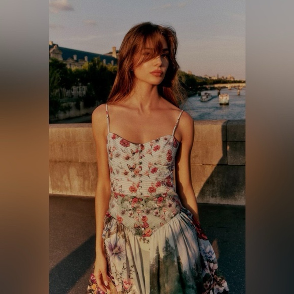 Anthropologie Floral Midi Dress in Light Blue, Pink and Green - Picture 2 of 9